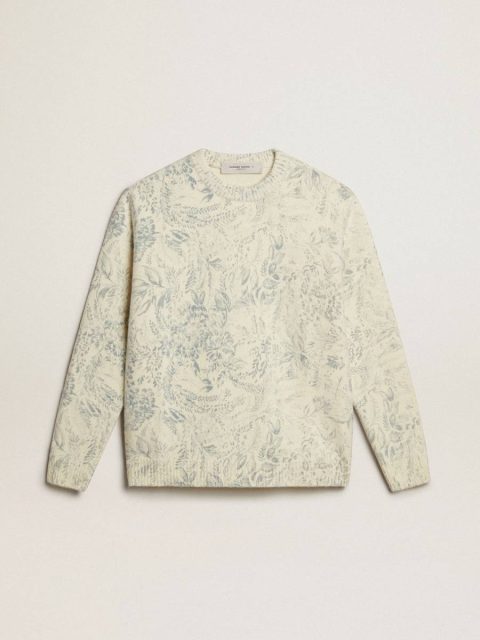 Golden Goose Men Heritage White Knitwear Men’s Round-Neck Sweater In Wool With All-Over Toile De Jouy Pattern