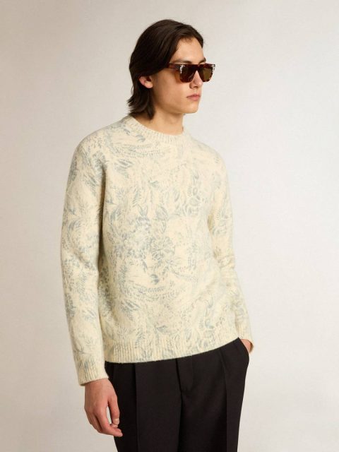 Golden Goose Men Heritage White Knitwear Men’s Round-Neck Sweater In Wool With All-Over Toile De Jouy Pattern - Image 5