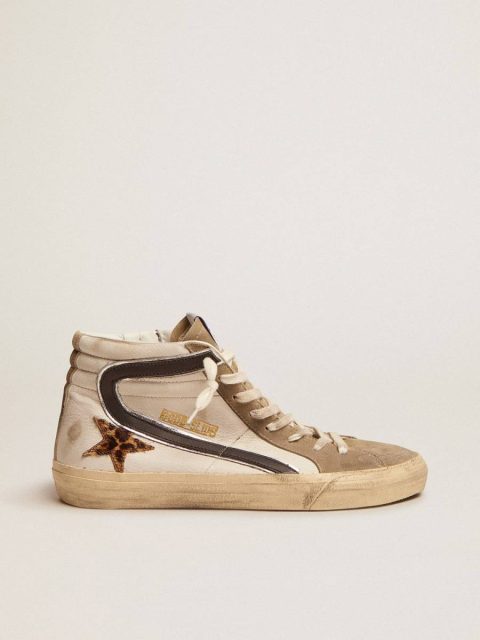 Golden Goose Men Men's Slide With Leopard Print Pony Skin Star And Black Flash Slide