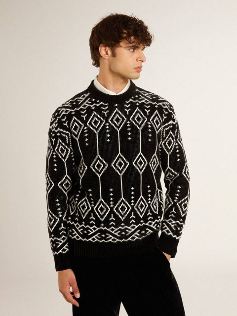 Golden Goose Men’s Crew Neck Wool Blend Sweater With Jacquard Argyle Design Black Knitwear Men - Image 2