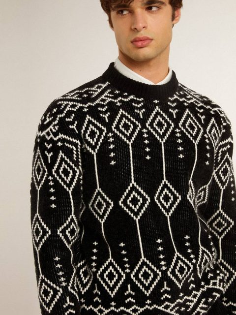 Golden Goose Men’s Crew Neck Wool Blend Sweater With Jacquard Argyle Design Black Knitwear Men - Image 5