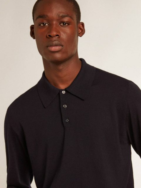 Golden Goose Men’s Long-Sleeved Polo Shirt In Navy-Blue Merino Wool Navy Blue T-Shirts & Polo Shirts Men - Image 2