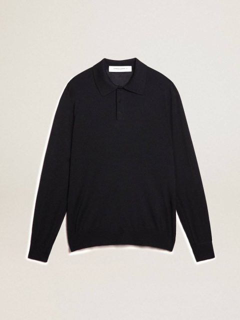 Golden Goose Men’s Long-Sleeved Polo Shirt In Navy-Blue Merino Wool Navy Blue T-Shirts & Polo Shirts Men