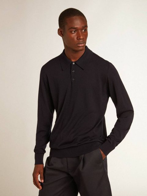 Golden Goose Men’s Long-Sleeved Polo Shirt In Navy-Blue Merino Wool Navy Blue T-Shirts & Polo Shirts Men - Image 5