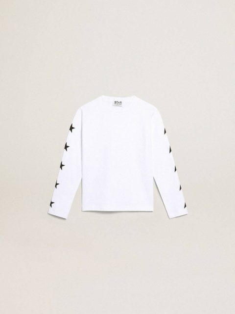 Golden Goose Optical White Kids White Long-Sleeved T-Shirt With Contrasting Black Stars Topwear Selection (4-12 Years)