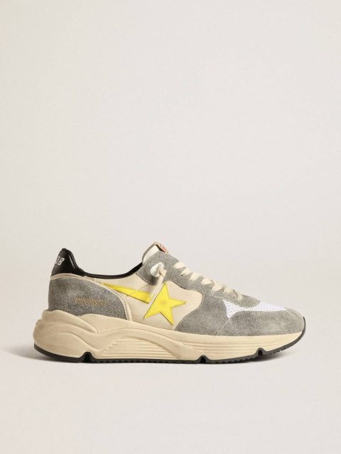 Golden Goose Running Sole In Beige Nylon And Gray Suede With Yellow Star Running Sole Men