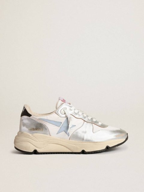 Golden Goose Running Sole In Nylon And Silver Metallic Leather With Light Blue Star Women Running Sole