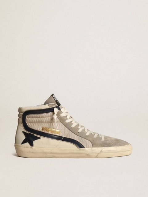 Golden Goose Slide In Beige Mesh And Nylon With Blue Leather Star And Flash Slide Men