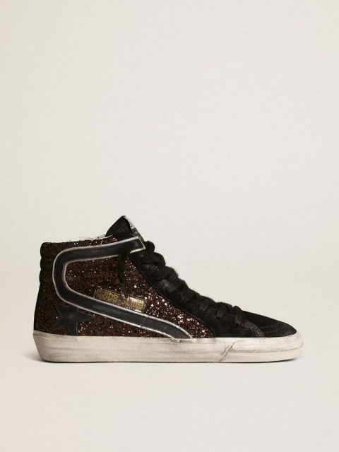 Golden Goose Slide In Brown Glitter With Black Leather Star And Flash Slide Women