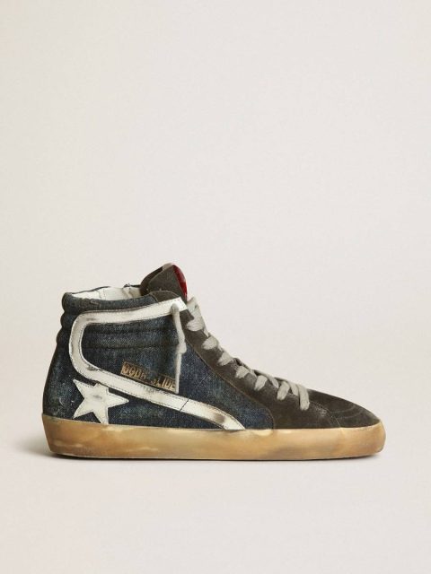 Golden Goose Slide In Midnight-Blue Denim With White Leather Star Women Slide