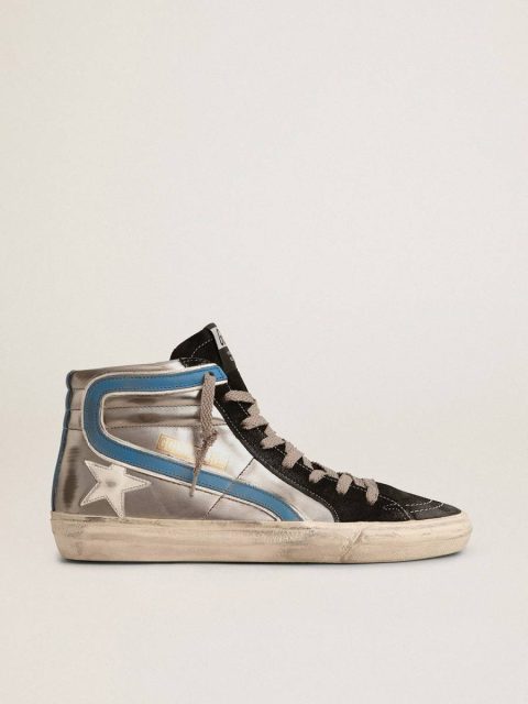 Golden Goose Slide Men Slide In Silver Metallic Leather With White Leather Star