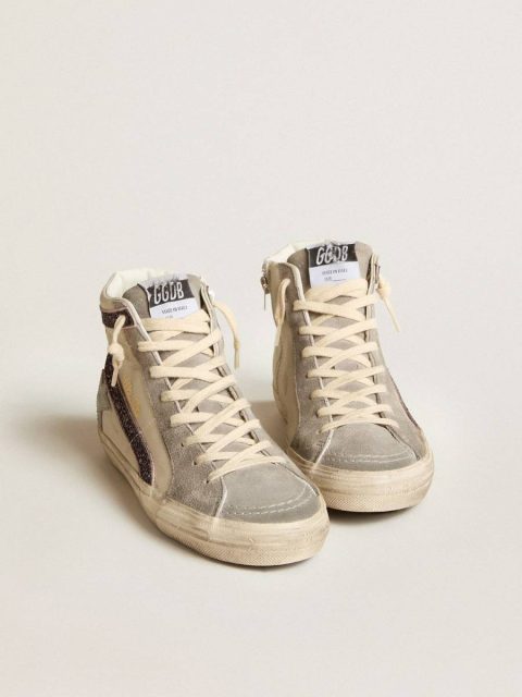 Golden Goose Slide White Women Slide With Gray Leather Star And Wine-Colored Glitter Flash - Image 2