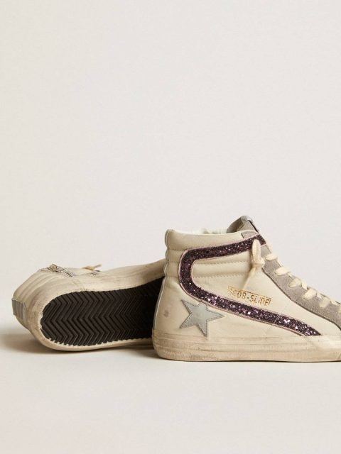 Golden Goose Slide White Women Slide With Gray Leather Star And Wine-Colored Glitter Flash - Image 3