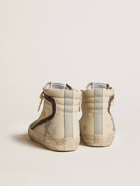 Golden Goose Slide White Women Slide With Gray Leather Star And Wine-Colored Glitter Flash - Image 4