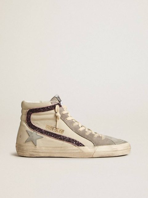 Golden Goose Slide White Women Slide With Gray Leather Star And Wine-Colored Glitter Flash