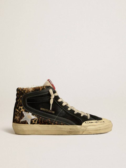 Golden Goose Slide Women Slide Penstar Ltd In Leopard-Print Pony Skin With Silver Star And Black Flash