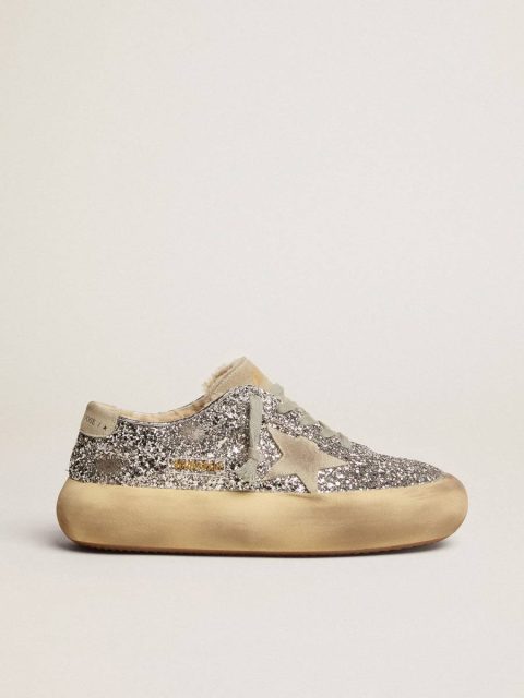 Golden Goose Space-Star Women Women's Space-Star Shoes In Silver Glitter With Shearling Lining