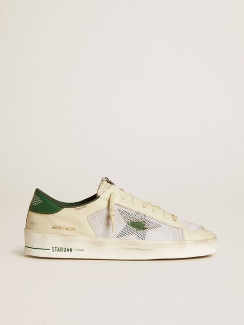 Golden Goose Stardan In White Suede And Mesh With Green Leather Star And Heel Tab Men Stardan