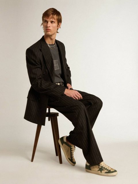 Golden Goose Super-Star Men's Super-Star Ltd In Cream Mesh And Green Nappa With Nappa Star Men - Image 3
