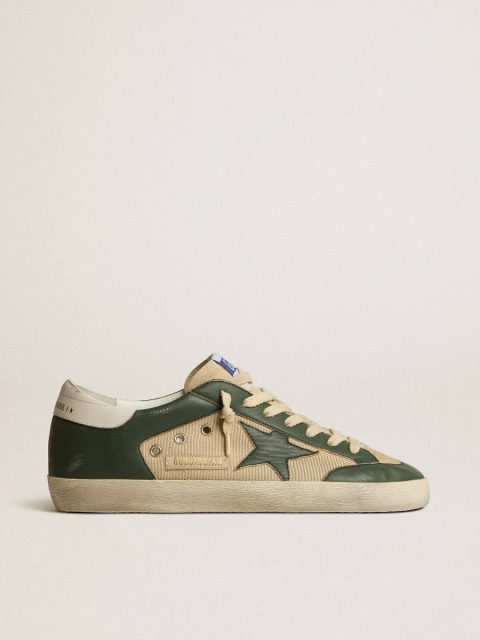 Golden Goose Super-Star Men's Super-Star Ltd In Cream Mesh And Green Nappa With Nappa Star Men