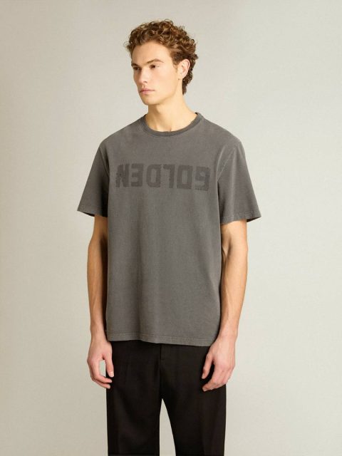 Golden Goose T-Shirts & Polo Shirts Anthracite Gray Men Men's Anthracite Gray T-Shirt With Distressed Treatment - Image 2