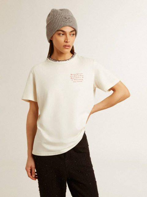 Golden Goose T-Shirts & Tops Women's Aged White Cotton T-Shirt With Hand Embroidery Aged White Women - Image 3
