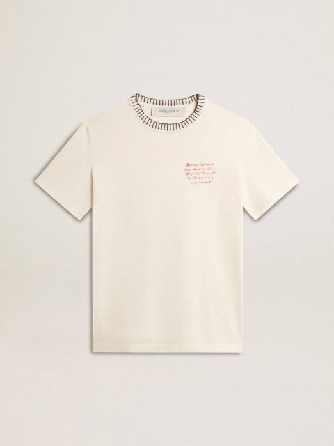 Golden Goose T-Shirts & Tops Women's Aged White Cotton T-Shirt With Hand Embroidery Aged White Women