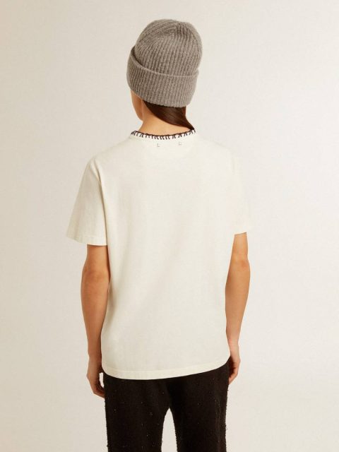 Golden Goose T-Shirts & Tops Women's Aged White Cotton T-Shirt With Hand Embroidery Aged White Women - Image 5