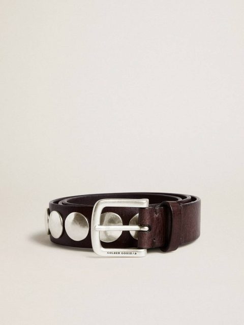 Golden Goose Trinidad Belt In Dark Brown Leather With Silver Maxi Studs Dark Brown Men Belts