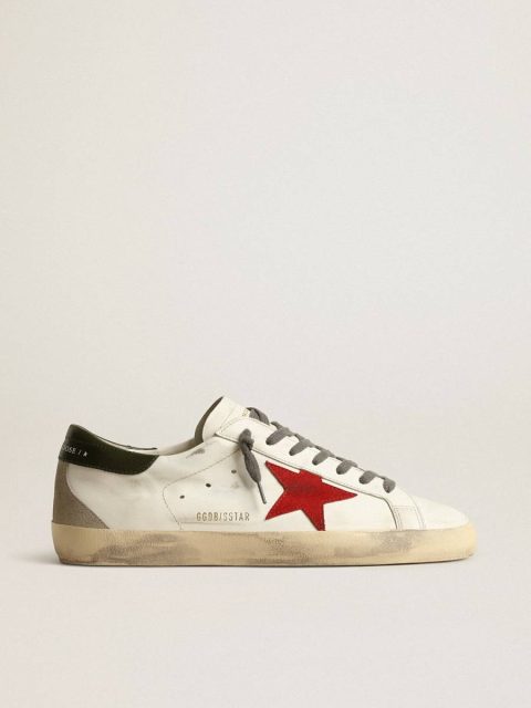 Golden Goose White Men Super-Star Men's Super-Star With Red Suede Star And Green Leather Heel Tab