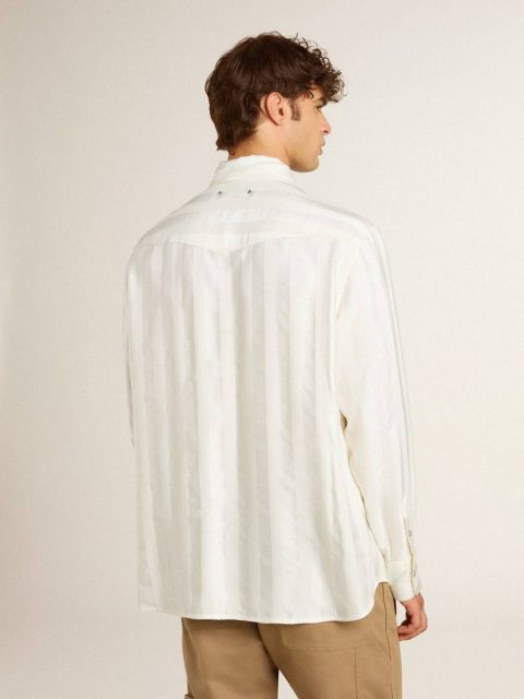 Golden Goose White Men’s Oversized Worn-White Shirt With Vertical Stripes Men Shirts - Image 4