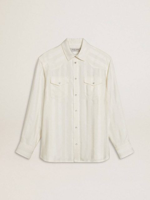 Golden Goose White Men’s Oversized Worn-White Shirt With Vertical Stripes Men Shirts