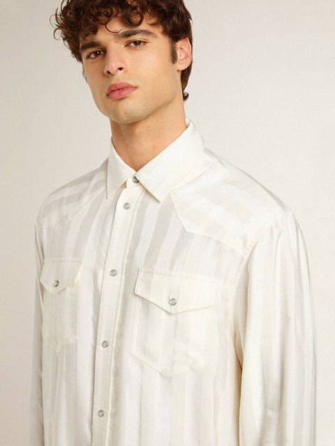 Golden Goose White Men’s Oversized Worn-White Shirt With Vertical Stripes Men Shirts - Image 5