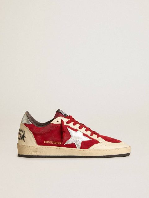 Golden Goose Women Ball Star In Burgundy Suede With Silver Leather Star And Heel Tab Ball Star