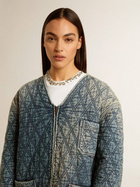 Golden Goose Women Coats & Jackets Women's Blue Quilted Jacket In Cotton Denim With Distressed Finish Stonewashed Blue - Image 5