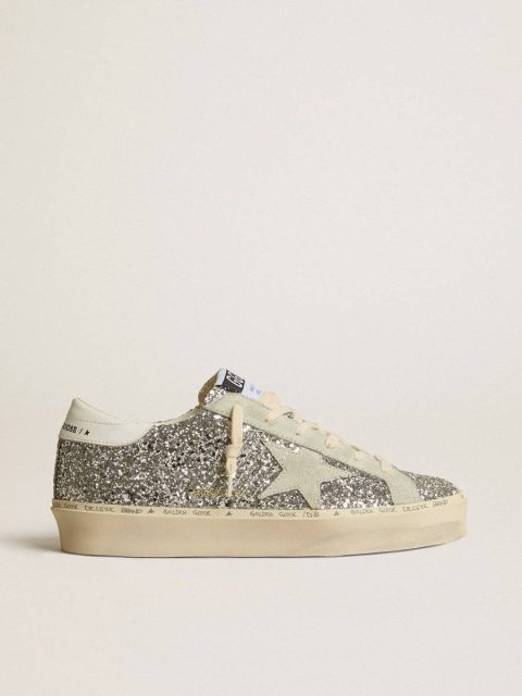 Golden Goose Women Hi Star Women's Hi Star In Silver Glitter With Suede Star And White Heel Tab