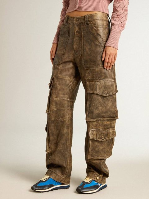 Golden Goose Women Women's Aged Brown Nappa Leather Cargo Pants Aged Brown Jeans & Pants - Image 2