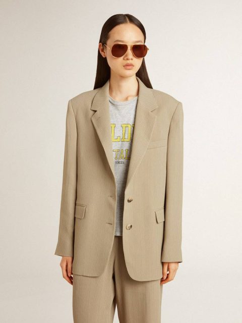 Golden Goose Women Women's Beige Pinstripe Single-Breasted Jacket With An Oversized Fit Beige Blazers - Image 2