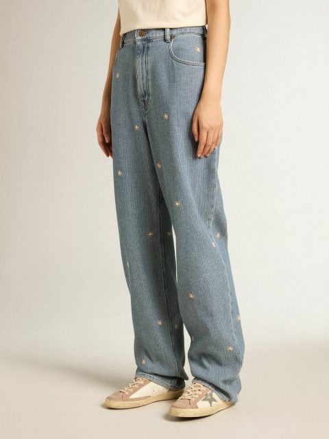 Golden Goose Women Women’s Cotton Denim Pants With Floral Embroidery Jeans & Pants Light Blue - Image 2