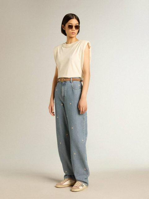 Golden Goose Women Women’s Cotton Denim Pants With Floral Embroidery Jeans & Pants Light Blue - Image 3