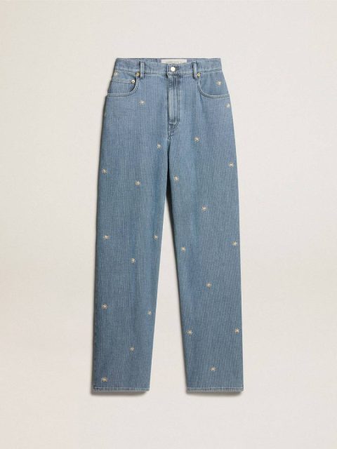 Golden Goose Women Women’s Cotton Denim Pants With Floral Embroidery Jeans & Pants Light Blue