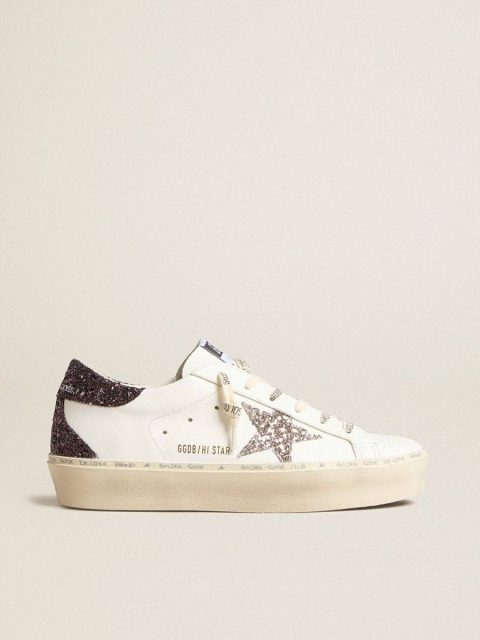 Golden Goose Women Women’s Hi Star With Silver Glitter Star And Ruby Red Glitter Heel Tab Hi Star White