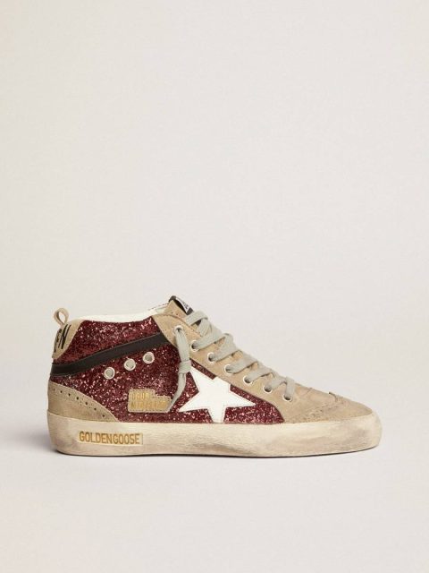 Golden Goose Women Women's Mid Star In Burgundy Glitter With Gray Inserts And White Star Mid Star