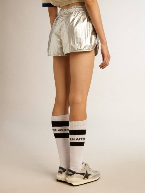 Golden Goose Women Women’s Running Shorts In Silver Fabric Skirts & Shorts Silver - Image 4