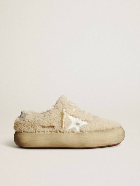 Golden Goose Women Women’s Space-Star Shoes In Beige Shearling With White Leather Star And Metallic Leather Heel Tab Space-Star