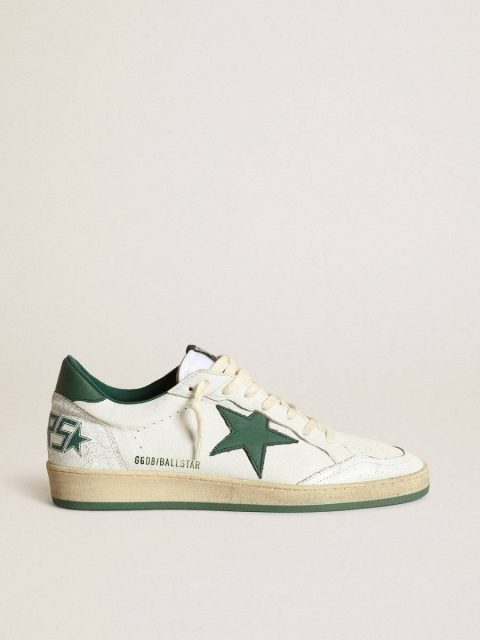 Golden Goose Women's Ball Star In White Nappa Leather With Green Leather Star And Heel Tab Women Ball Star