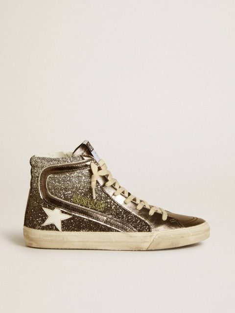 Golden Goose Women's Slide In Black And Silver Glitter With Leather Star And Metallic Flash Women Slide