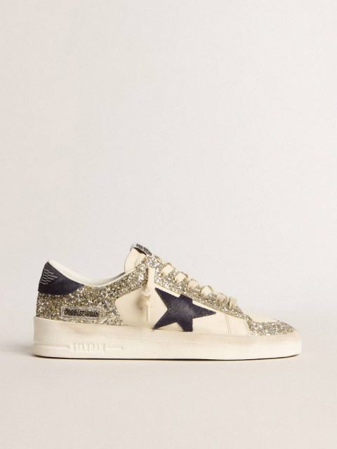Golden Goose Women's Stardan In Platinum Glitter With Dark Blue Suede Star And Heel Tab Stardan Women