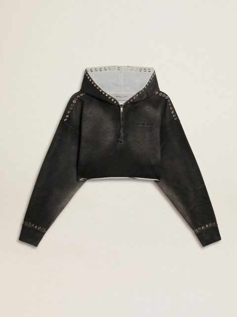 Gray Cropped Sweatshirt With A Lived-In Effect Anthracite Gray Women Sweatshirts Golden Goose