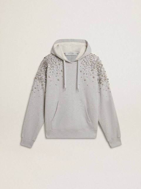 Gray Golden Goose Sweatshirts Women Gray Hooded Sweatshirt With Crystal Decoration
